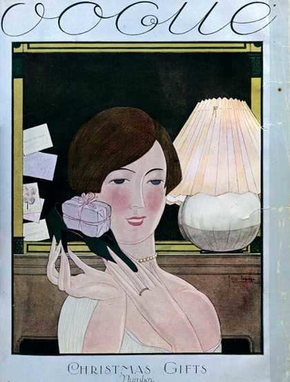 November, 1924 I like the font of Vogue and I also love the lack of subtlety here: It's an issue about Christmas gifts and she's holding a giftbox!