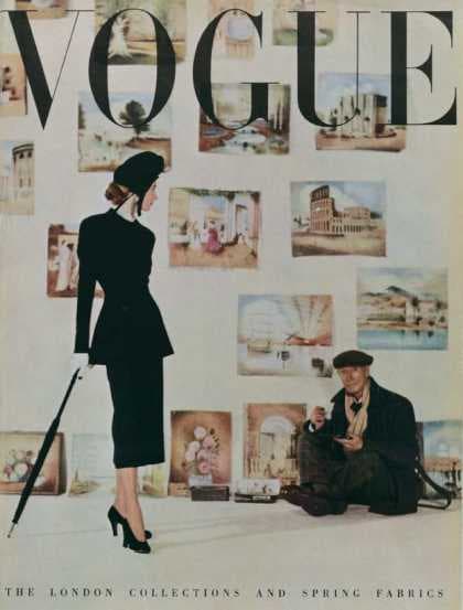 March, 1948. It's unusual to see background people in today's Vogue covers. But I love how they show a woman just walking past a painter and his paintings. I like the artistic touch!