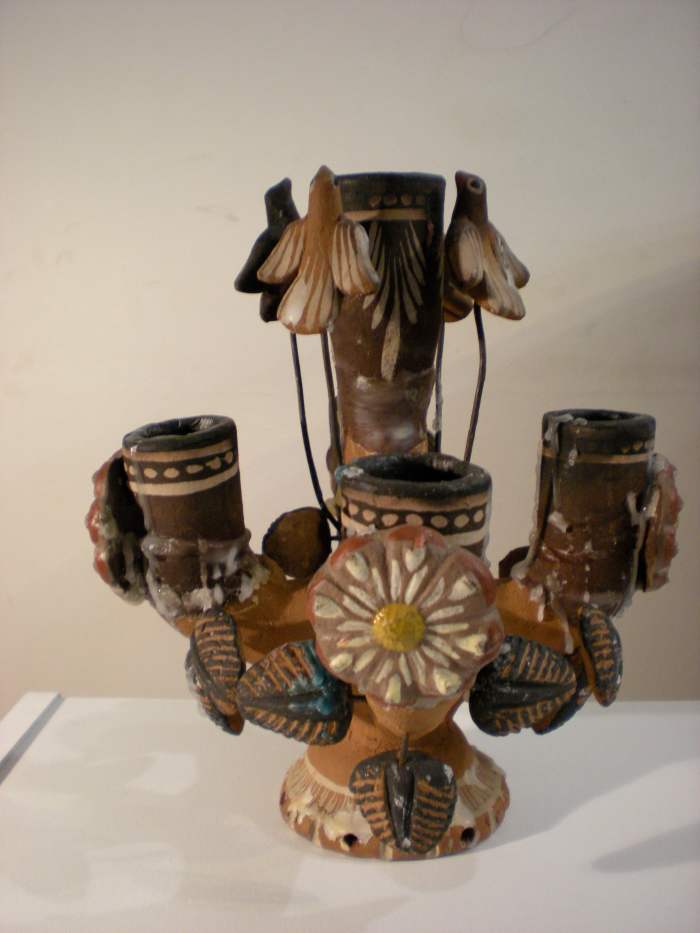 Ceiba del Mar, the Mayan Tree of Life in the form of a pottery candlabra from Mexico. The birds represent all beings nesting in the tree of life. Meditation techniques bring the mind to roost on the tree.
