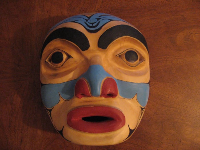 My second mask carved from a yellow cedar log which I found on the beach. I tried to follow instructions from the book "Carving Totempoles and Masks" and didn't succeed.