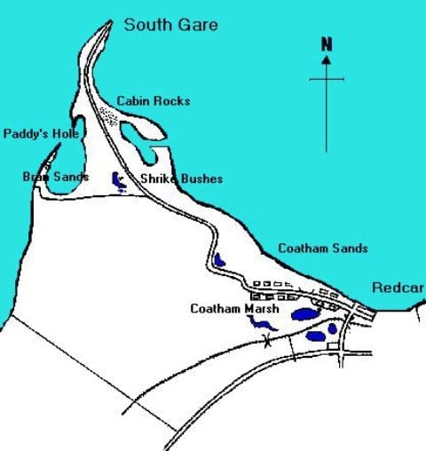 South Gare, north-west of Coatham. Not marked on the map is the ore terminal and the now de-commissioned Warrenby works west of Coatham, close to where the road bends sharply north-eastward