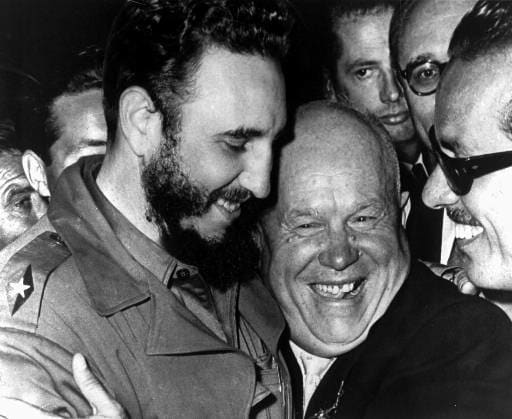 FIDEL CASTRO EMBRACES HIS IDEOLOGICAL BROTHER, NIKITA KHRUSHCHEV, FELLOW SOCIALIST WHO VOWED TO DESTROY THE UNITED STATES OF AMERICA