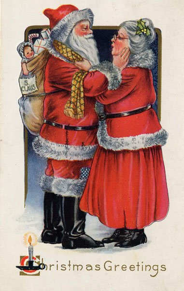 This Christmas postcard of Mr. and Mrs. Santa Claus (circa 1919) is in the public domain in the United States because its copyright has expired.