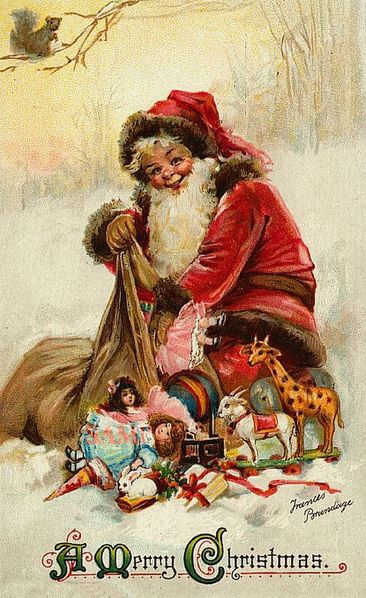 This Christmas card painted by Frances Brundage (1854 to 1937) is in the public domain in the United States because it had a copyright term of life of the author plus 70 years, and the copyright has expired.