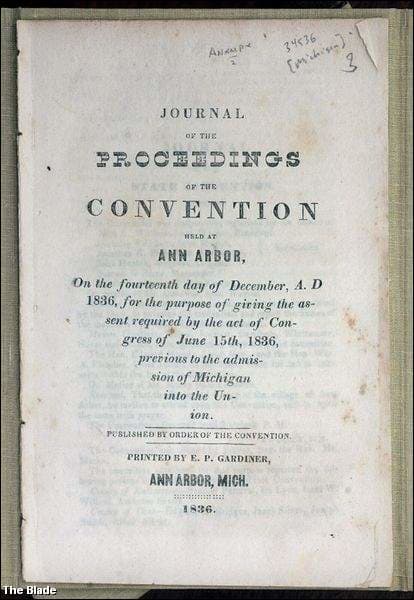 1836 proceedings of the Michigan Territorial Convention, called the Frost-Bitten Convention. Michigan was compelled to accept the terms dictated by Ohio in giving up the Toledo Strip.