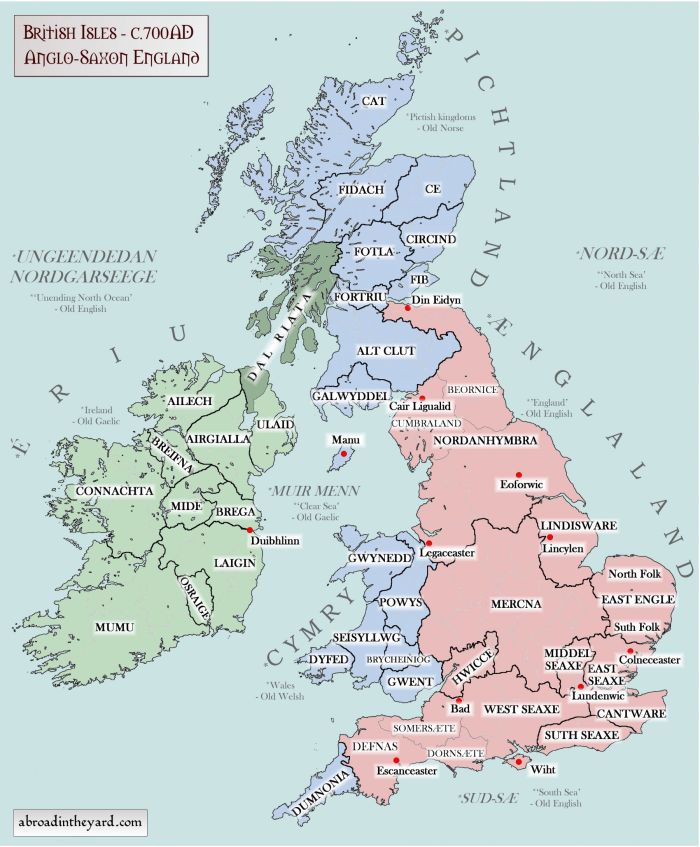 Ethnographic distribution, migrants from across the sea to the east in pink, Britons in blue, Gaels in green and tribal references (e.g.:Northanhymbra, East Aengle)