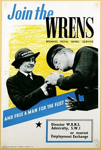 Poster for How To Join The Wrens - all looks a bit flirty but who can resist a man in a sailor's uniform? The woman pictured is called Joan Lee (nee Beard). She emigrated to Australia, having married a sailor, in 1954.