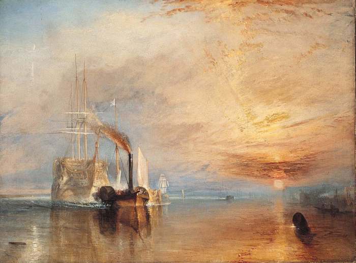 The Fighting Temeraire, one of Nelson's ships of the line at Trafalgar, being towed by a steam tug for scrap