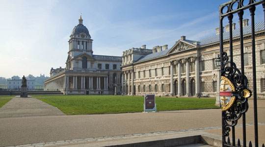 The National Maritime Museum seen from the gates as approached from the DLR and Cutty Sark