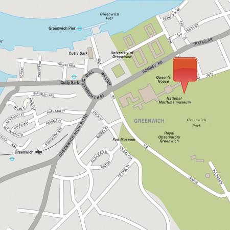 The location of the NMM in Greenwich, not far from the Thames and the preserved 'Cutty Sark'