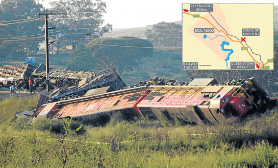 WRONG SIDE OF THE TRACKS: A goods train derailed in Molteno yesterday, injuring the train driver and his assistant. Police are investigating attempted murder and malicious damage to property after residents damaged rail lines through the town two wee