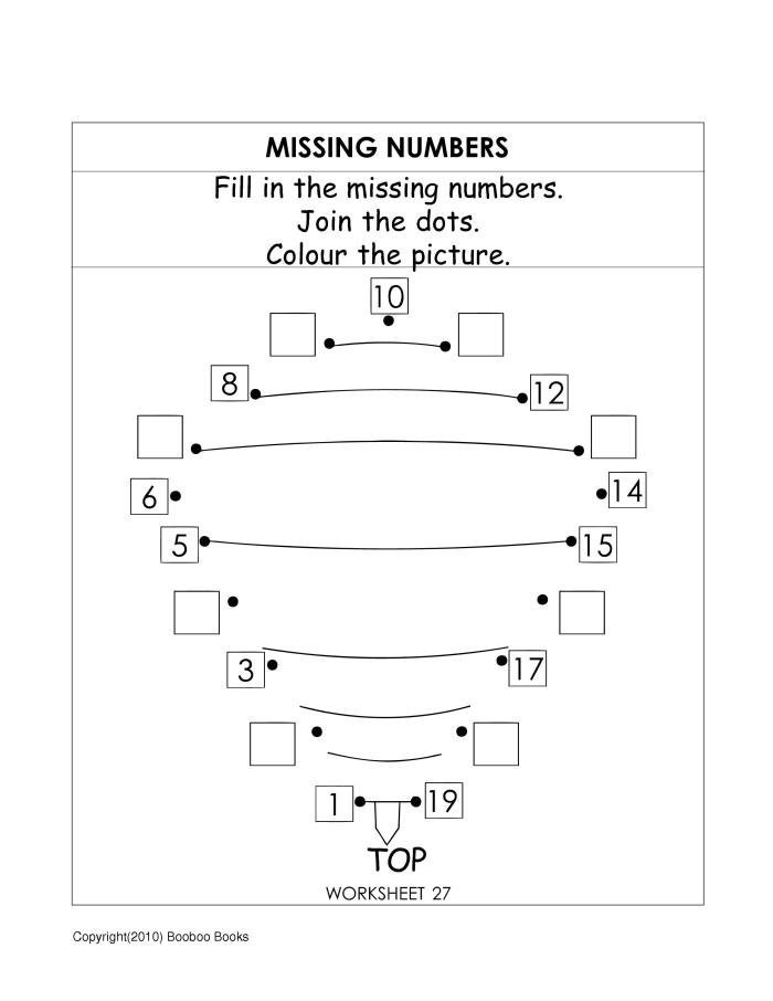 Missing number worksheets - Fill in the missing numbers from 1 to 19. Then join the dots in order to get a picture of a top. The top can then be colored in.