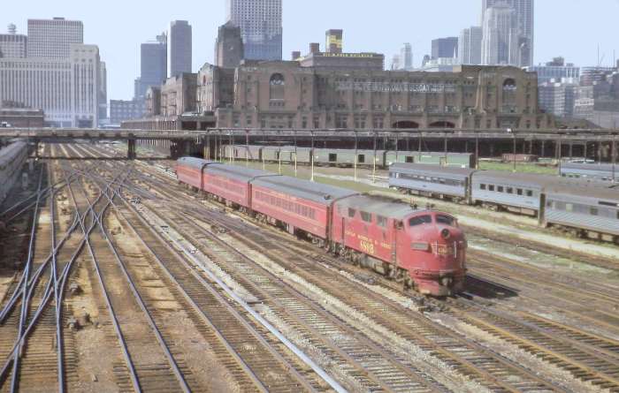 The Pug as the one round trip 3 car train from Joliet was known, heads out of Union station.
