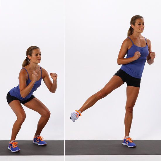 Pretty Girl Wearing Purple and Black Demonstrating the Movements of the Squat and the Leg Lift in Split Screen -