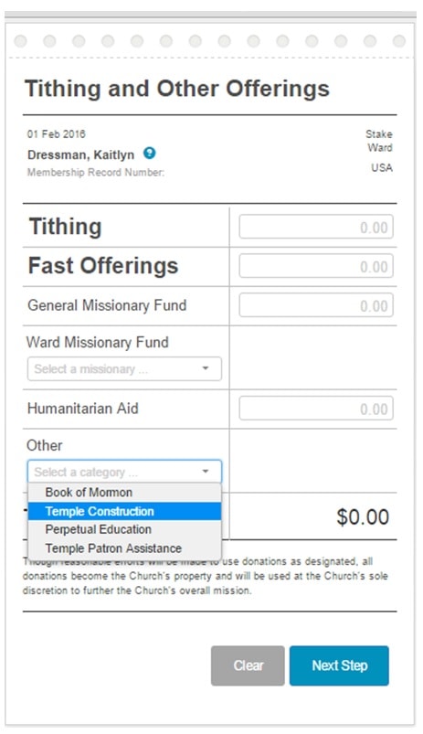Members can fill this online form out and pay via e-check as well. (My personal membership record, ward & stake designations have been removed for privacy reasons.) Under the drop down menu is the word "Total."