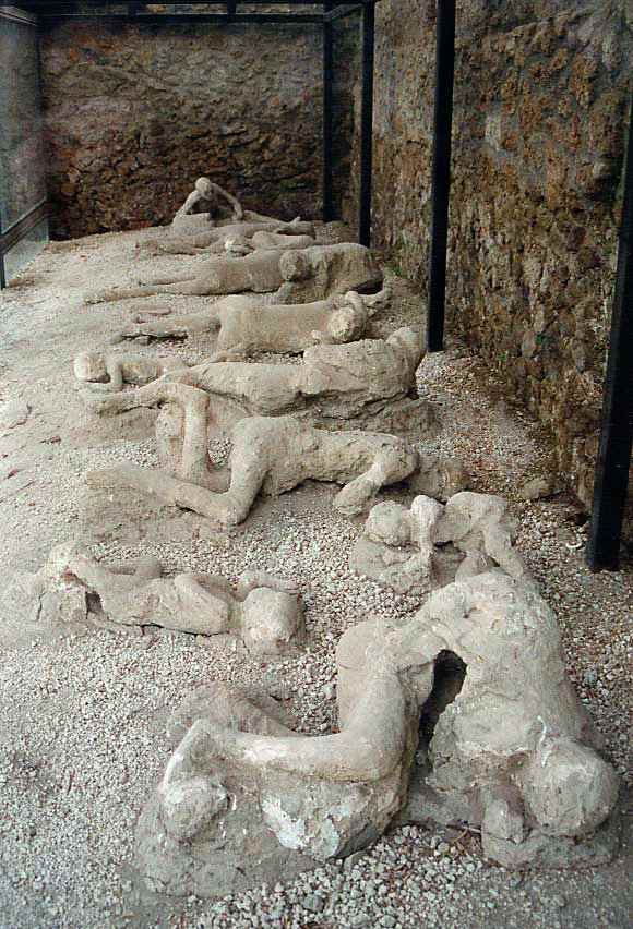 The casts of the corpses of a group of human victims of the 79 AD eruption of the Vesuvius, found in the so-called “Garden of the fugitives” in Pompeii.