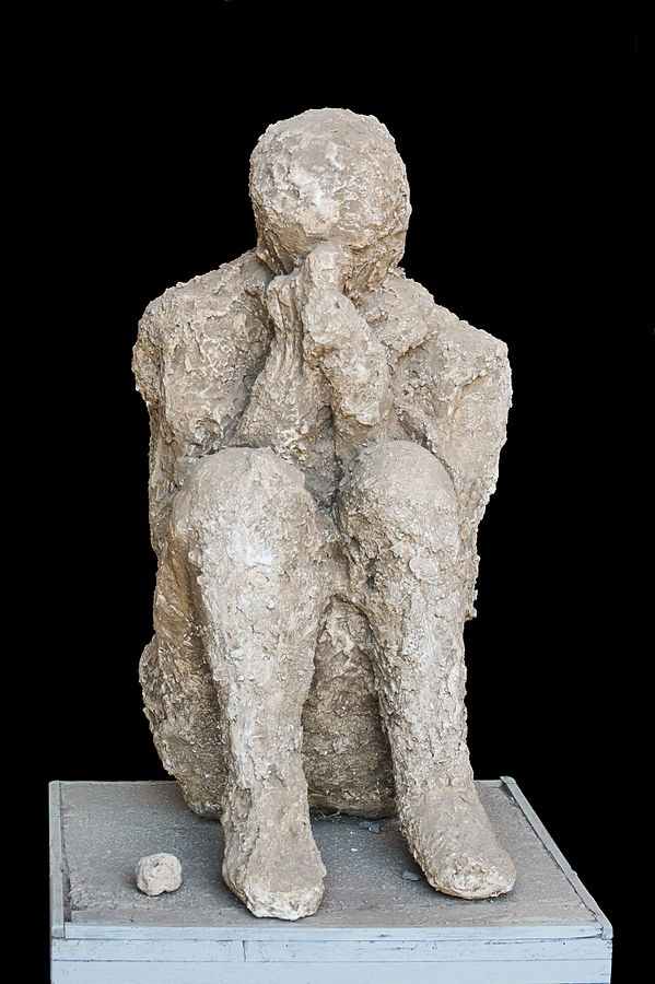 Cast of a sitting victim of the eruption of Mount Vesuvius, 79 CE, Pompeii, Italy
