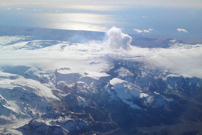 North view of Eyjafjallajkull Iceland Volcano eruption from April 2004, in which much ash was spewed.