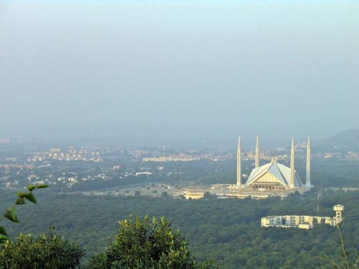 The Faisal mosque located in Islamabad is the largest mosque in Pakistan, and also the national mosque. It can accommodate up to 300,000 worshippers at a time. Photo by geoaxis and disturbuted under Creative Commons Attribution-Share Alike 2.0.