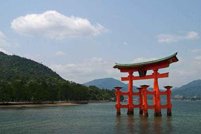 A torii is a gate found at the entrance to a Japanese shrine, and this one is at the entrance to the Itsukushima shrine. Photo by Lightmatter under Creative Commons Attribution 2.0 License.
