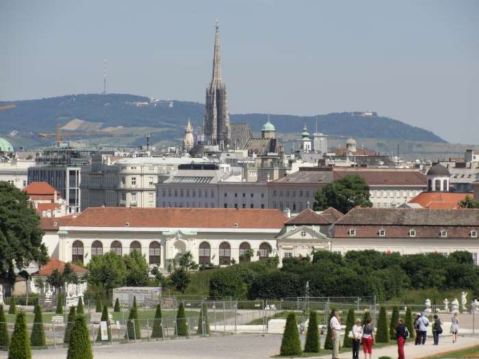 View of the Inner city of Vienna as seen from the Belvedere. In the background the Easternmost hills of the European Alps.