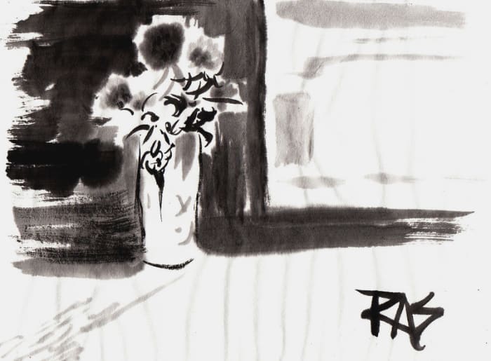 Flower Vase in Sunlight, sumi-e painting by Robert A. Sloan from photo reference by Helen posted on WetCanvas.com