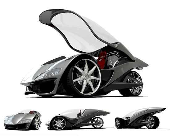 Concept Car of the Future called the Hawk Car, and is a three wheeler,single seat, almost like a bike, and reaches speeds of 233km;h, covered with fibre glass plus plastic leather