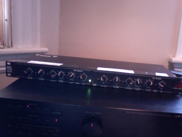 DBX active crossover. The white tape on the top makes it easy to see which knobs adjust the crossover points, and which adjust the gain for each channel