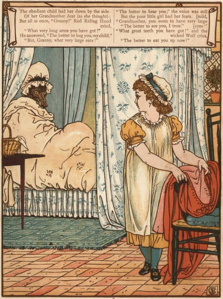 The Little Red Riding Hood says, "My, what big teeth you have!" (pause) The wolf replies, "The better to eat you with," and ... swallows her whole.