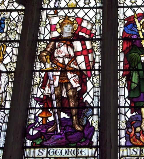 St George, the Patron Saint of England - stained glass at a church in Salisbury, England showing detail of St George