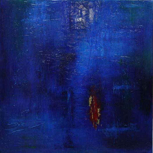 This result was achieved using texture underneath plus many layers of blues with a transparent dark blue glaze on top. Painting (c) Azure11, 2010