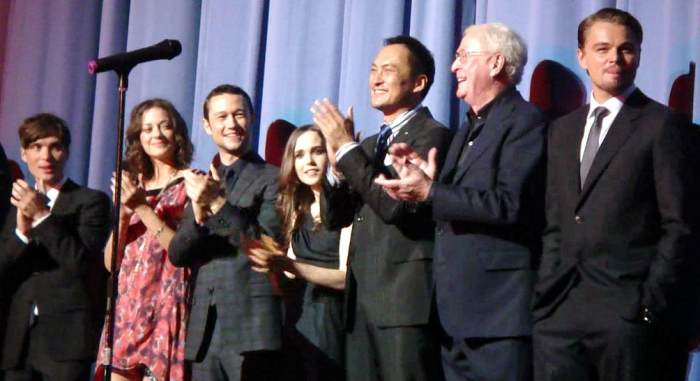 The cast of Inception at a premiere in July 2010. From left to right is Cillian Murphy, Marion Cotillard, Joseph Gordon-Levitt, Ellen Page, Ken Watanabe, Michael Caine, and Leonardo DiCaprio. Posted by Craig Grobler at http://www.theestablishingshot