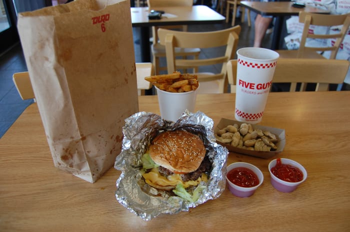 This was my Little Cheeseburger, Fries and Drink along with the free peanuts you can eat while you wait for your order.
