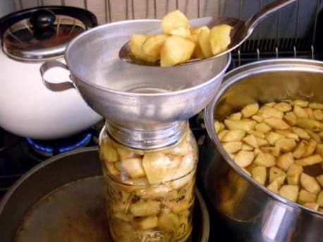 Ladle or spoon hot apples and syrup into hot, steriled jars, to within 1/2" of rim, with syrup to cover. (Apples may float - this is OK.)