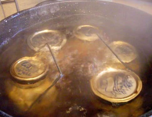 Place jars in boiling waterbath canner, with 1" of water to cover. Bring to a rolling boil, and process pints and quarts both for 20 minutes, so they get hot to their centers.