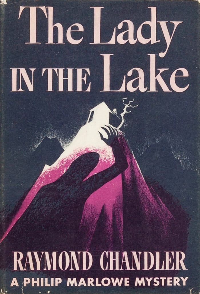 Cover of the dust jacket of Raymond Chandler's The Lady in the Lake (1943), published by Alfred A. Knopf, Jacket drawn by Norman Reeves.