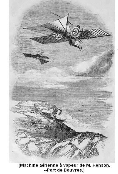 The inventor accurately predicted that airplanes would one day cross the English channel bringing people and goods from England to France. Here the steam powered airplane is pictured in flight over Calais, on the English Channel.