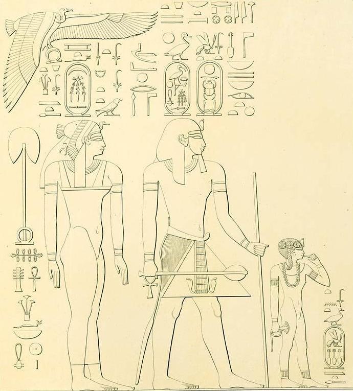 Pharaoh Thutomose on the 18th Dynasty of Ancient Egypt, with his chief whife Queen Ahmose and daughter of Neferubity. (The father , nther and sister of Hatshepsut