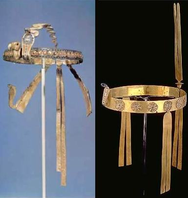 Both these Diadems belonged to Tutankhamun. Left: at the front of this diadem are the vulture and the uraeus; right: wavy body extending in an arc from front to back, serving to keep the diadem from dropping down over the face