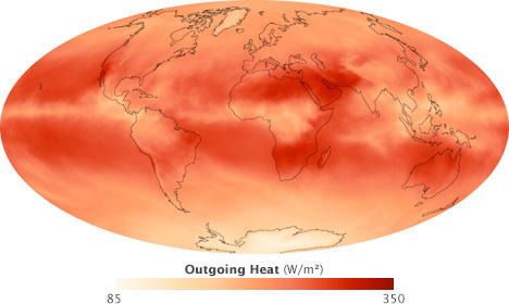This map, drawn from data from the CERES satellite program, shows infrared emissions from the Earth during September 2003. Map created by Robert Simmon, courtesy NASA.