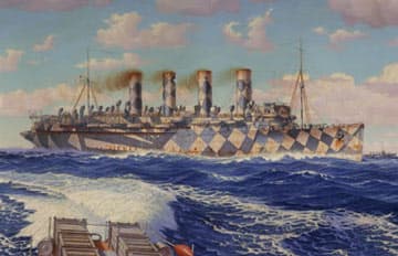 Mauretania, as she had appeared in her WWI "dazzle" paint scheme. From a painting by Burnell Poole. Image courtesy Wikimedia Commons.