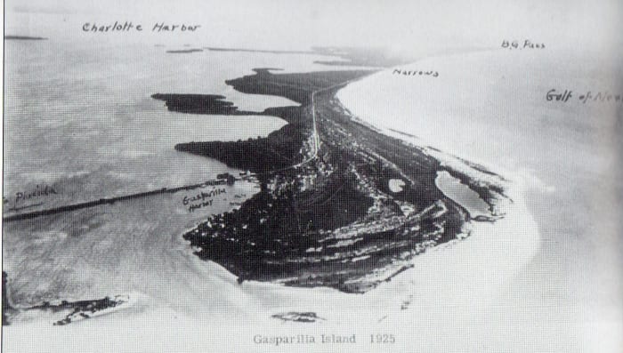 This 1925 aerial view shows the railroad causeway leading to the north end of the island, heading south. In 1925 the north section is still wilderness.