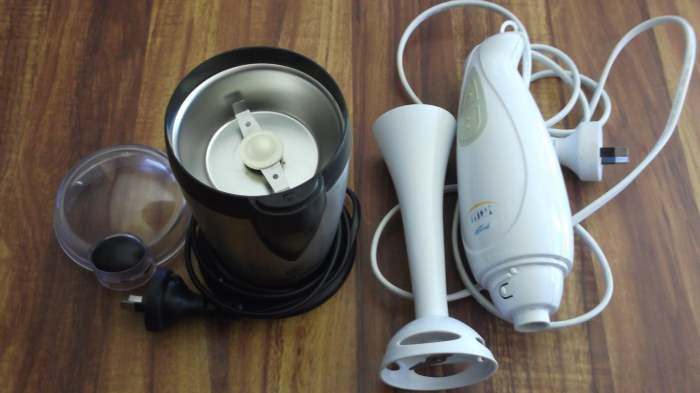 The two electrical products I use most often in my off-grid kitchen are these. My little grinder for making quick work of grinding nuts, spices etc, and my hand-held blender.