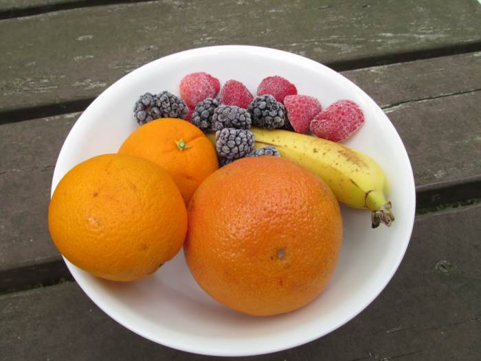 Some fruits that birds love to eat. I keep my berries in a freezer bag so that I can take a few out at a time.