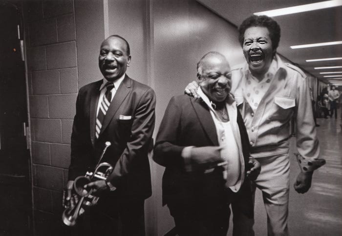 Cootie Williams, Count Basie, and Billy Eckstine, backstage at the Duke Ellington tribute, CBS TV studios, Los Angeles, 1972.