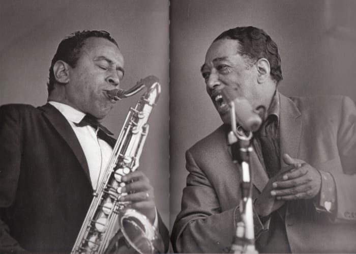 Duke Ellington and Paul Gonsalves at the Monterey Jazz Festival in 1960. The photo was taken during one of Paul's extended solos.