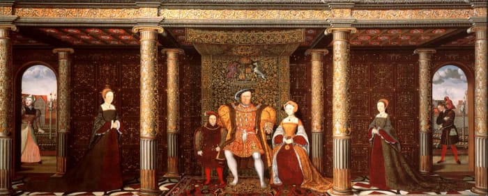 1545 PAINTING OF THE FAMILY OF HENRY VIII (FROM LEFT: MOTHER JAK, WET NURSE OF EDWARD; LADY MARY; PRINCE EDWARD; HENRY VIII; JANE SEYMOUR; LADY ELIZABETH; WILL SOMMERS, COURT JESTER)