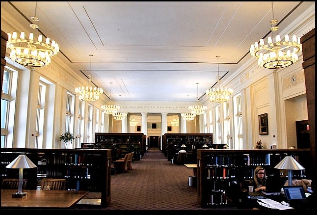 This is the reading room at Harvard Law School. When I toured that library it was full of students and no photos allowed.