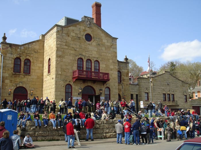 Boy Scouts on their annual Ulysses S. Grant Pilgrimage gather in front of Turner Hall and Fire Department, part of the Galena Historic District in Galena, Illinois, USA. U.S. National Register of Historic Places