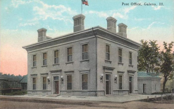 Galena Custom House and Post Office in Galena, Illinois — from c. 1912 postcard. It is the second oldest continuously operating post office in the United States, and the first to be named a "Great American Post Office" by the Smithsonian.